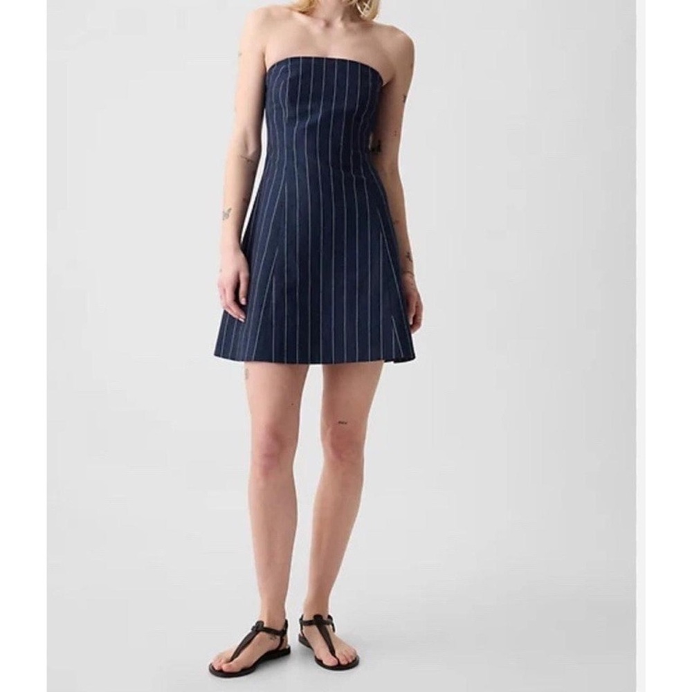 Linen Strapless Mini Dress - Navy Pinstripe